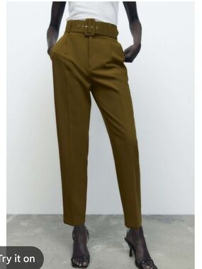 Zara Olive Tailored High-Waist Trousers belted
